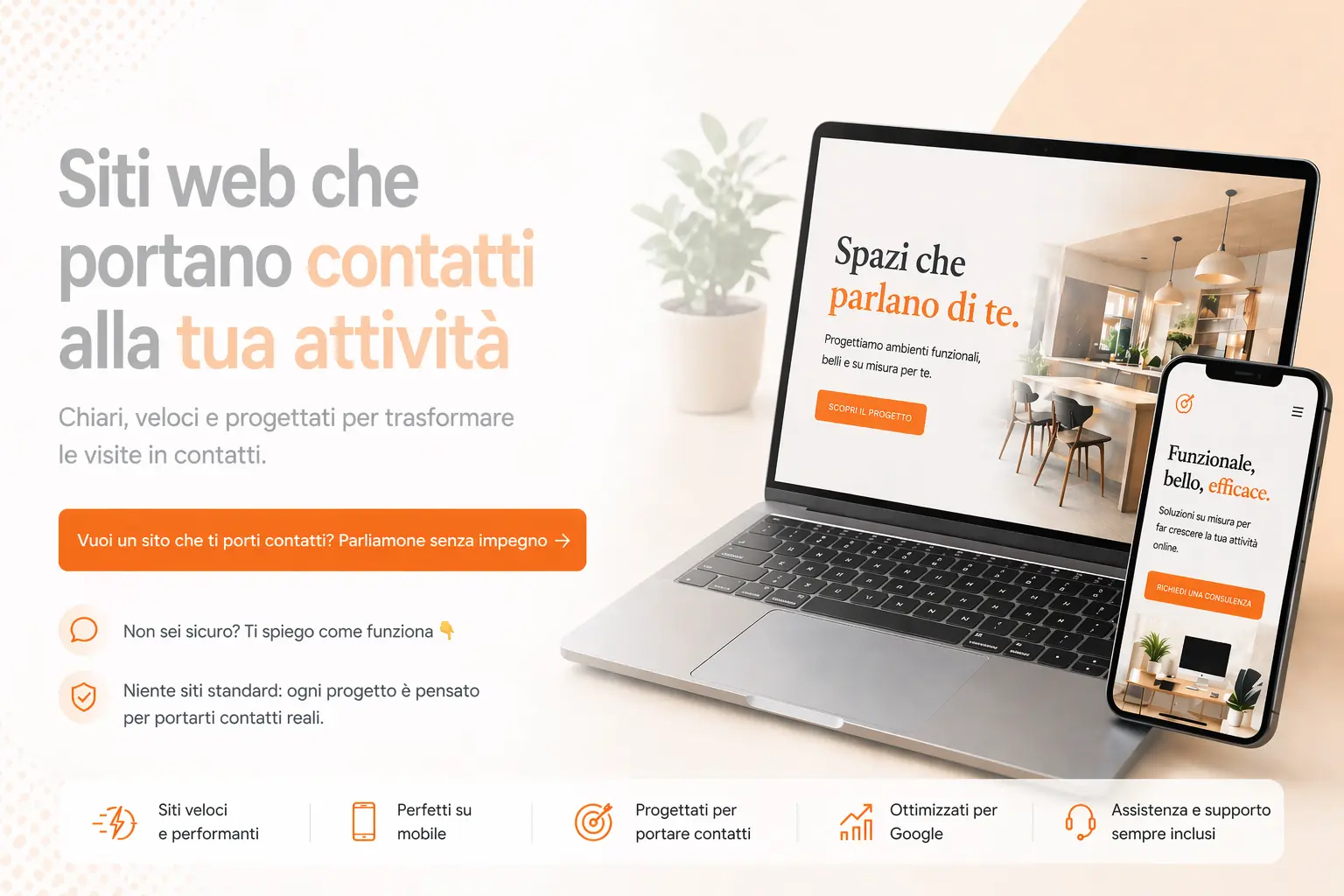 Mockup sito web professionale su laptop e smartphone progettato per generare contatti per attività locali